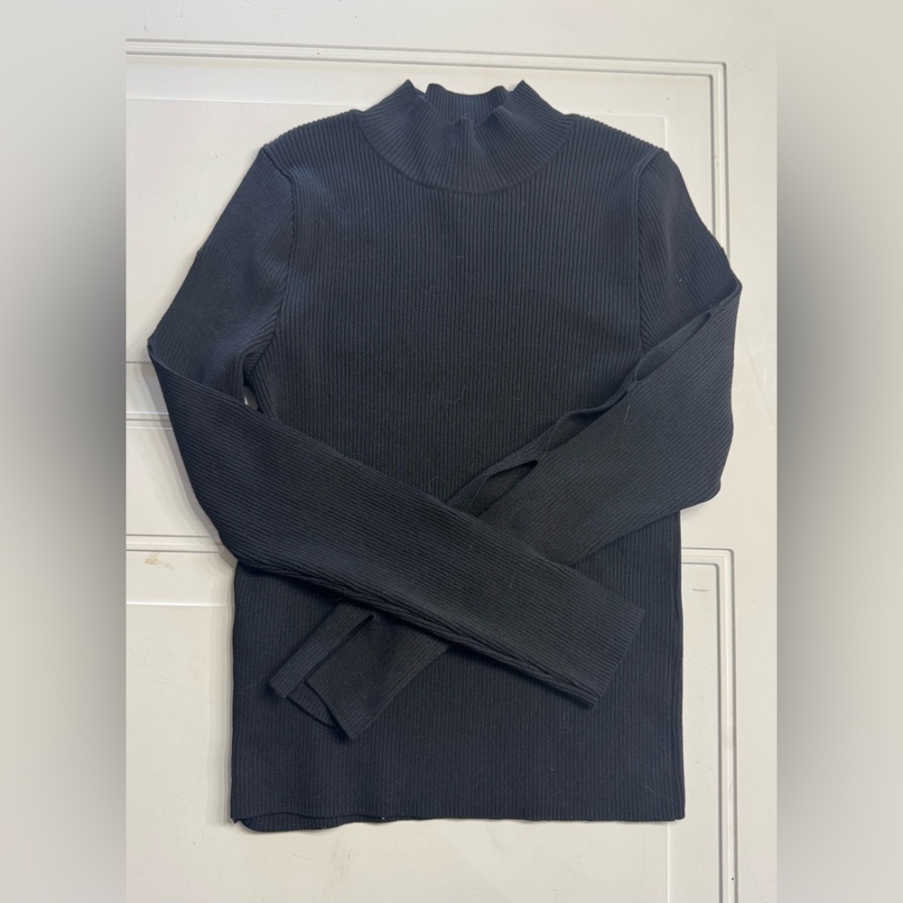 MNG Mango Mock Neck Pullover Sweater Black Ribbed Sleeve Cutouts Size M Stretch